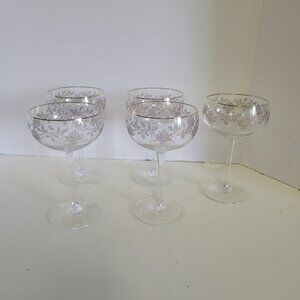 American Cut Rose Set Of 5 Vintage Etched Glass Champagne Coupes With Gold Trim
